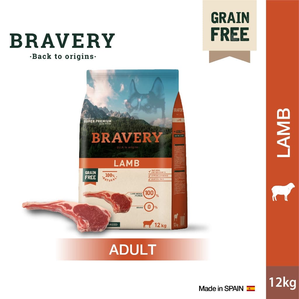 ברייברי Bravery - מזון יבש לכלבים בטעם כבש + 3 חטיפים בונוס | 12 ק"ג